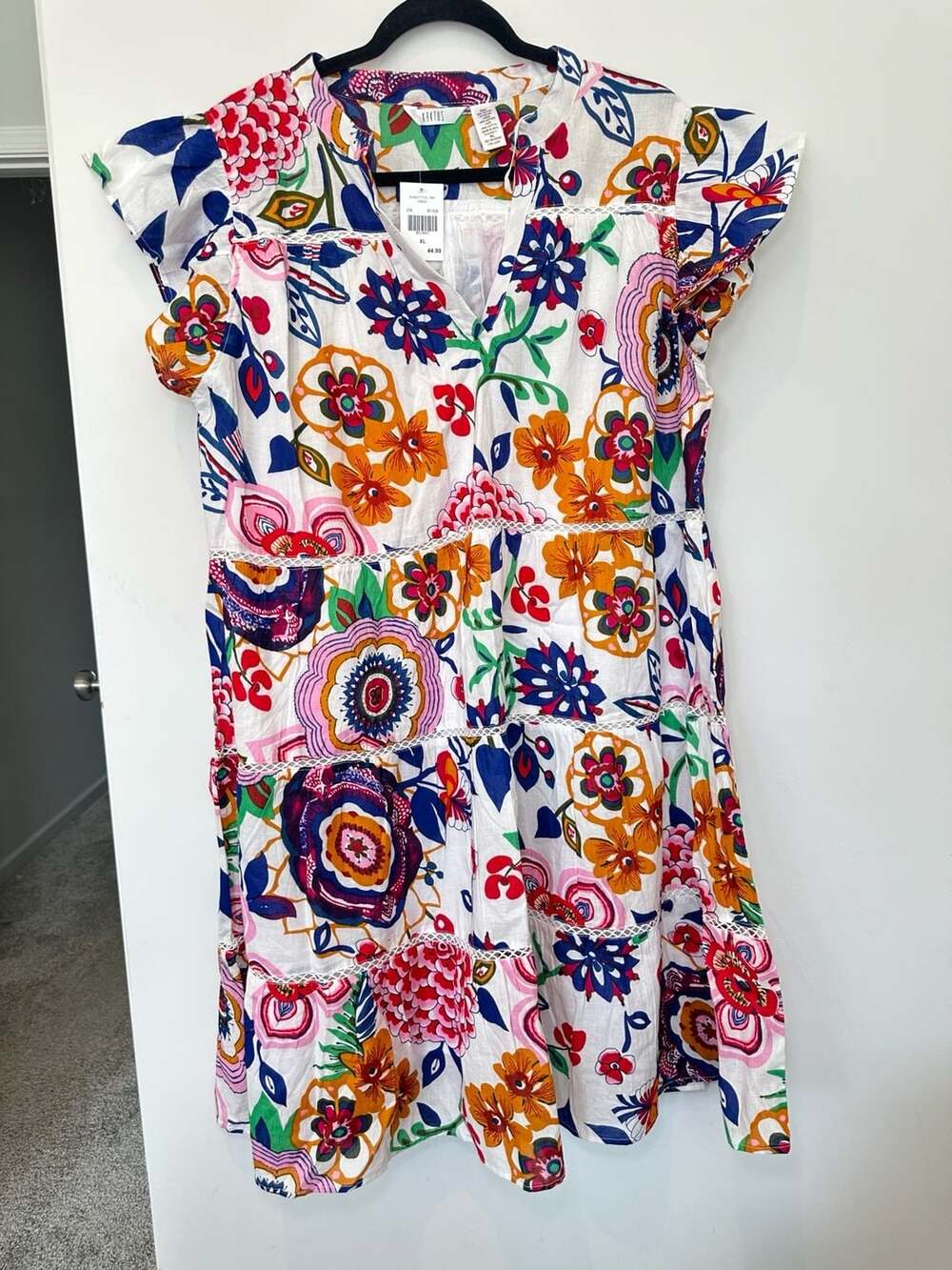 Kaktus Multi Floral Tier Dress Size XL White Cotton Rayon Print Sundress